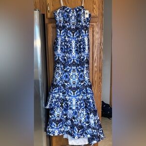 Xscape Blue and White High Low Dress With Rhinestone Embellishments, NWT